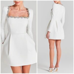 NWT Nadine Merabi Kimberly White Dress Long Sleeve Jewel Crystal Neck Sz 10